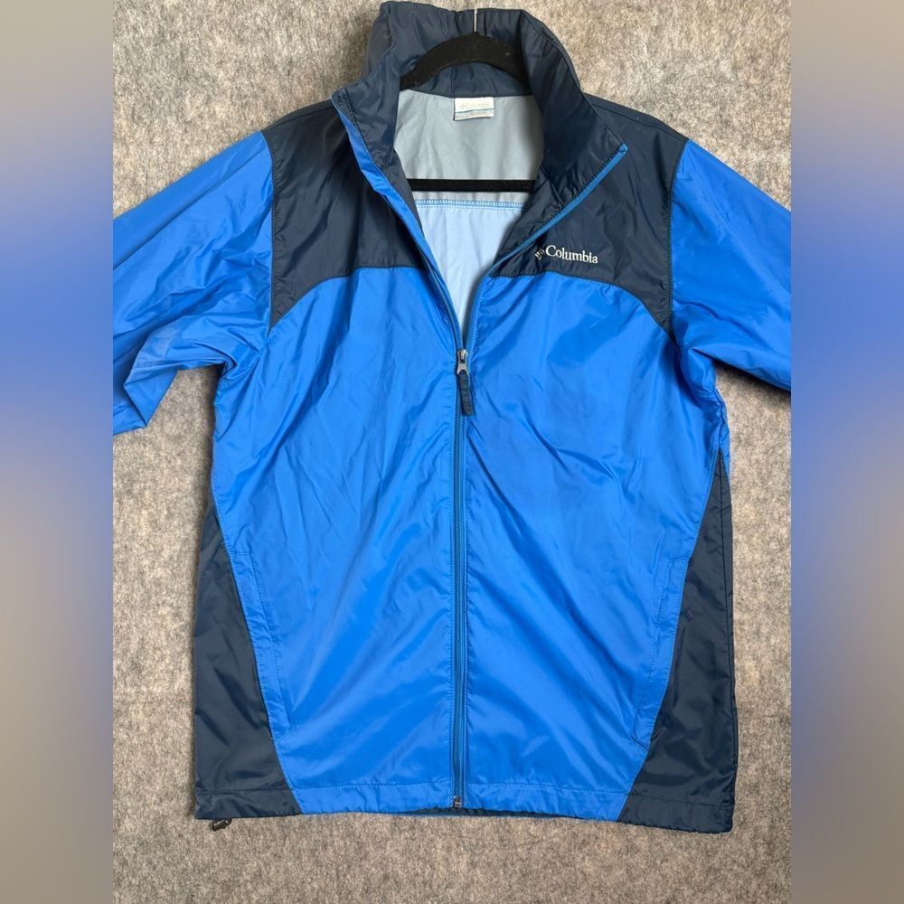 Columbia Windbreaker Jacket Men's Small Blue Black 100% Nylon‎ Hooded Full Zip